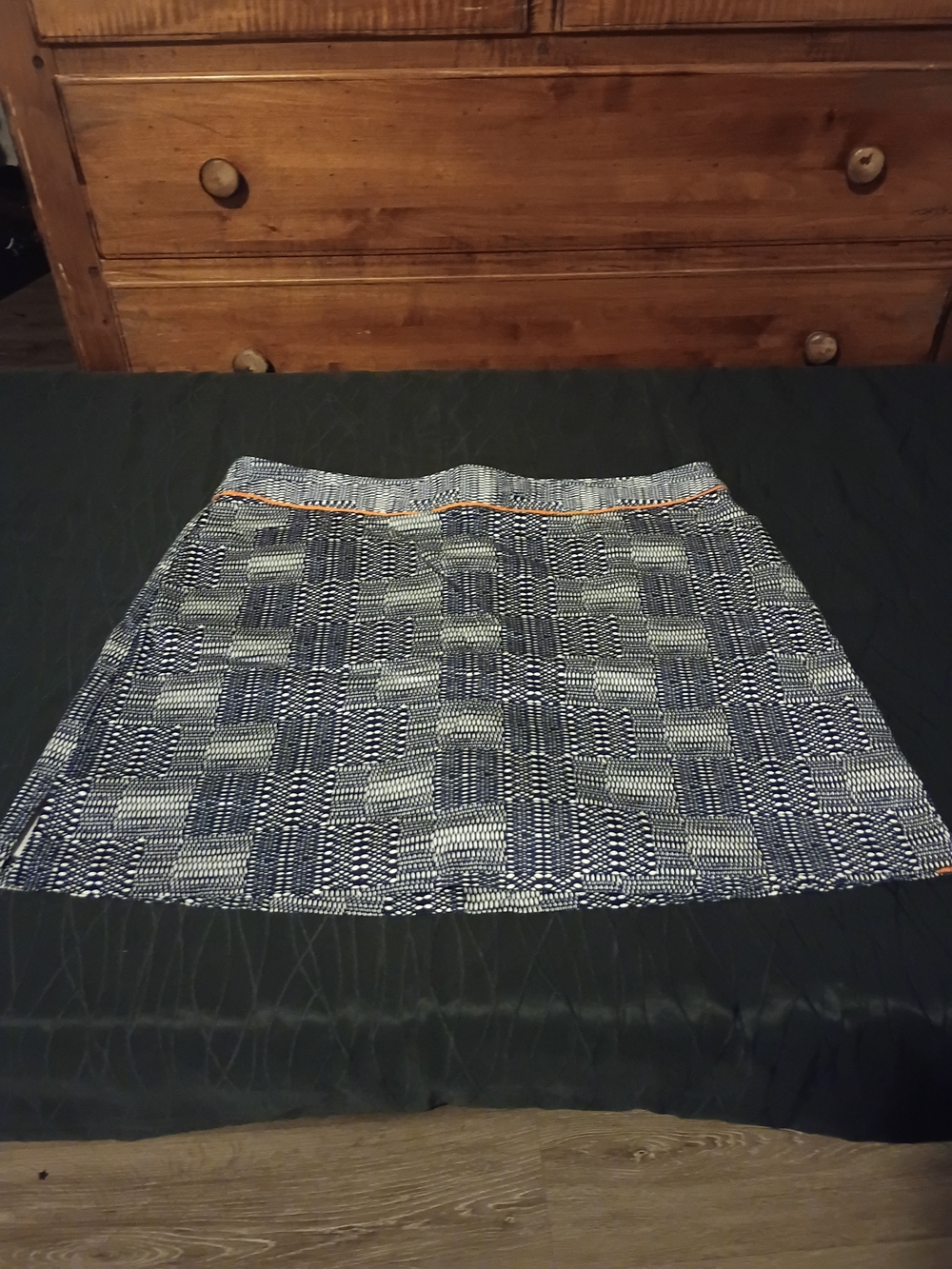 Lady Hagen Navy & White Geometric Mini Skirt with Contrast Waist Trim